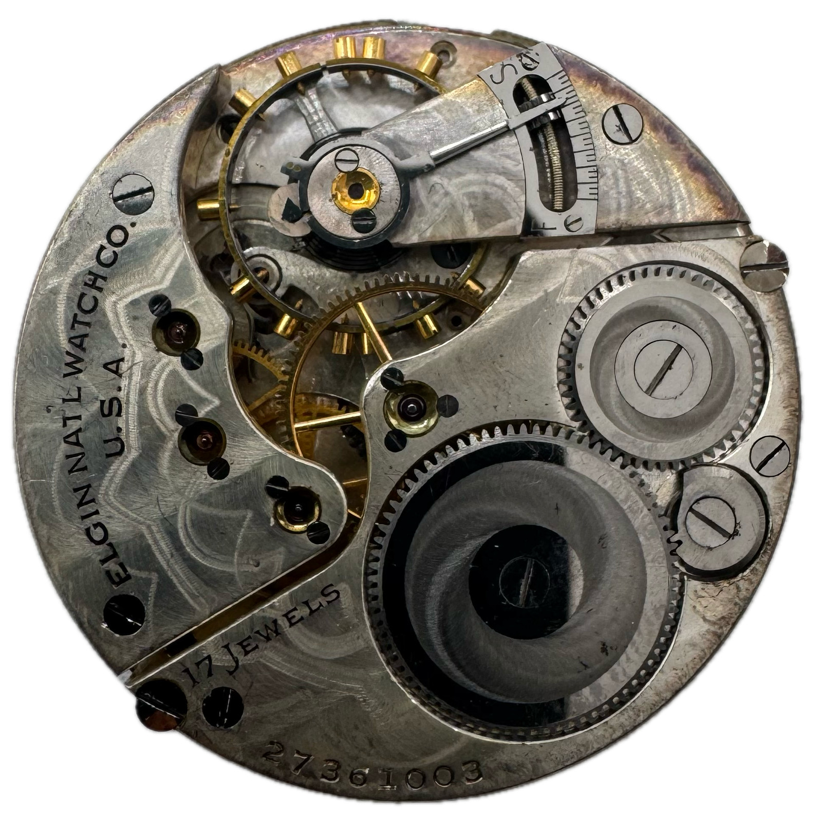 Antique 16s Elgin Art Deco Pinstripe Metal Dial 17J Pocket Watch Movement 387