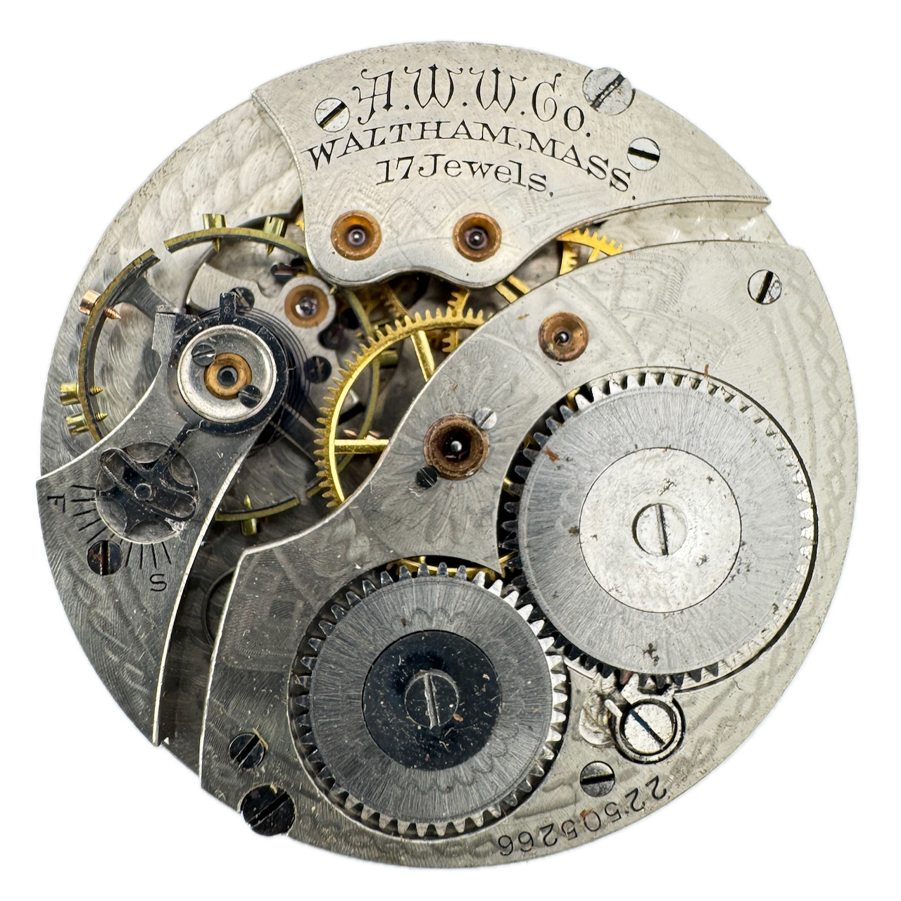 Antique 12s 1918 Waltham 17J Mechanical Pocket Watch Movement No. 225 for Parts