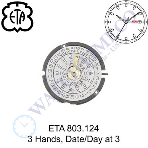 Genuine ETA 804.124 Watch Movement Swiss 3 Hands, Date/Day at 3