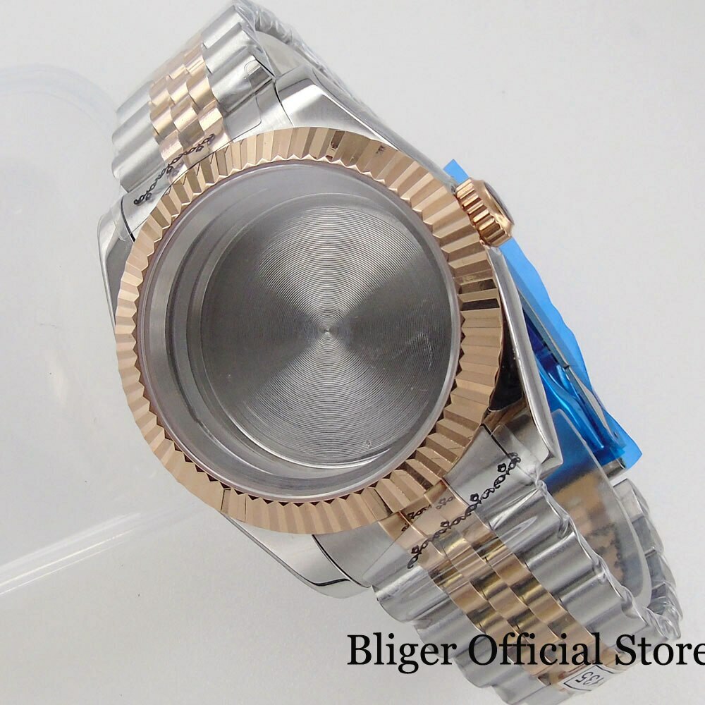 BLIGER 39MM Two Tone Gold Strap Watch Case Fluted Bezel fit NH35A NH36A PT5000