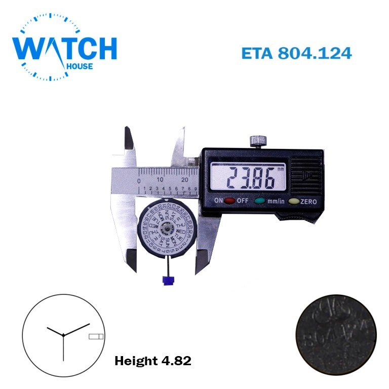 ETA 804.124 Swiss Made Movement-Height:4.82mm-3 Hands-White Day/Date At 3.