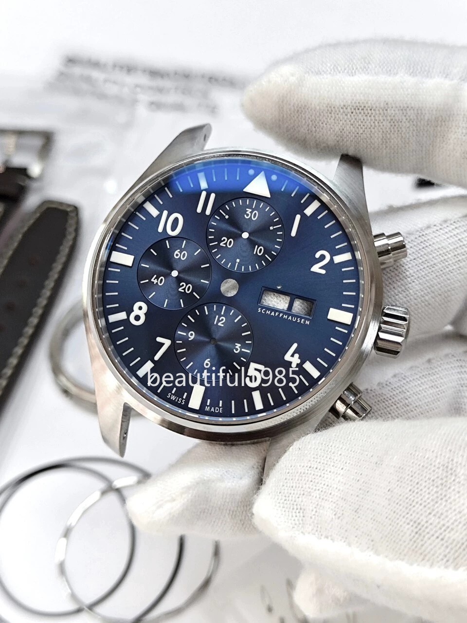 DIY Watch Part Kit for 7750 Pilot Chronograph 43mm Watch Case+Dial+Hands+Strap