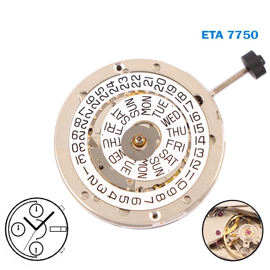 Eta Vajoux 7750 Swiss Automatic Movement, Chrono, White Day/Date Disks on 3.
