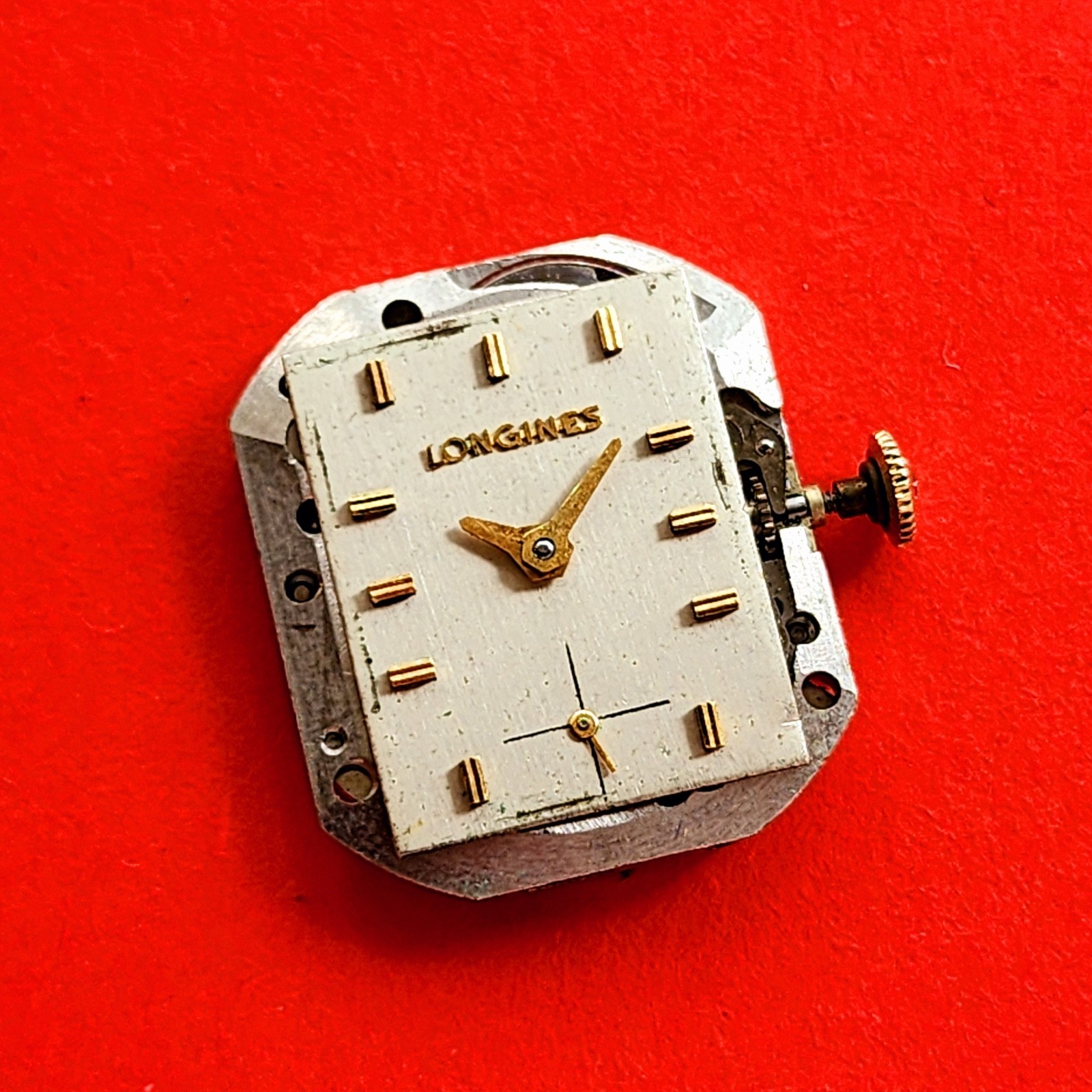 Longines Watch Movement Cal 370 Rectangle Dial Hands Crown Stem Ticks For Parts