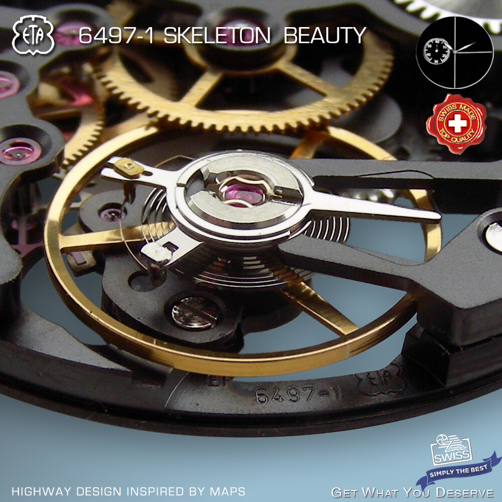 MOVEMENT ETA UNITAS 6497-1, “HIGHWAY” SKELETON BEAUTY, BLACK, SWISS