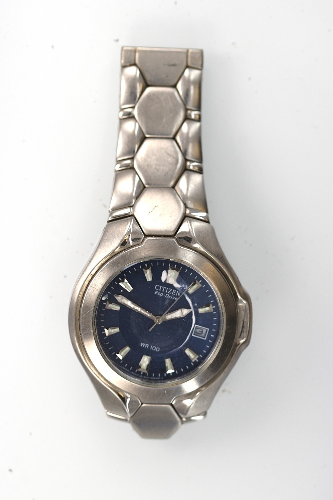 Citizen Eco Drive Watch Men Solar Blue Stainless Steel WR Date NON-WORKING-c11