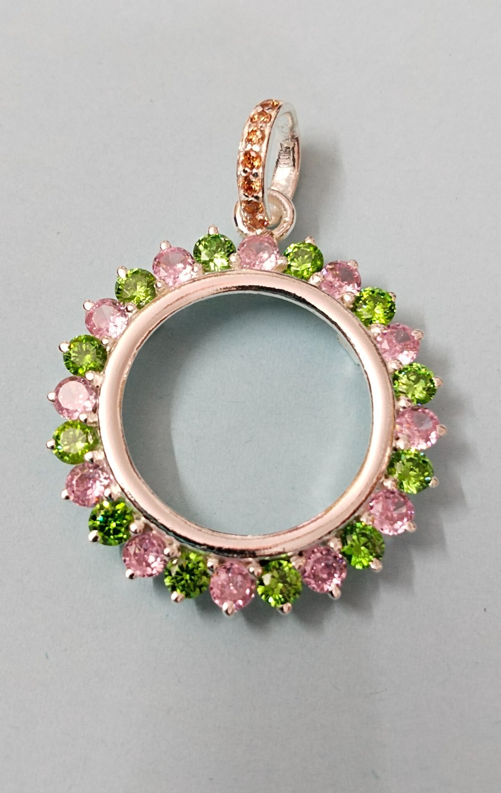 925 Sterling Silver Round Bezel Pendant Blank Green & Pink CZ Handmade Coin