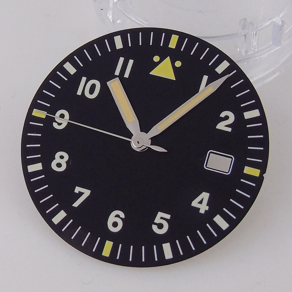 3.5mm Black Sterile Watch Dial Silver Edge Yellow Hands Fit Auto NH35 NH35A Lume