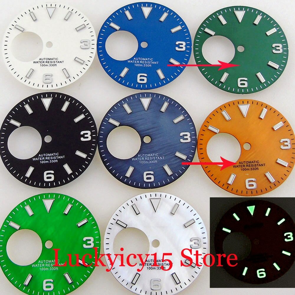 29MM Watch Shell Dial Fit NH38 Automatic Case Blue/Green Lumious Marks Dial