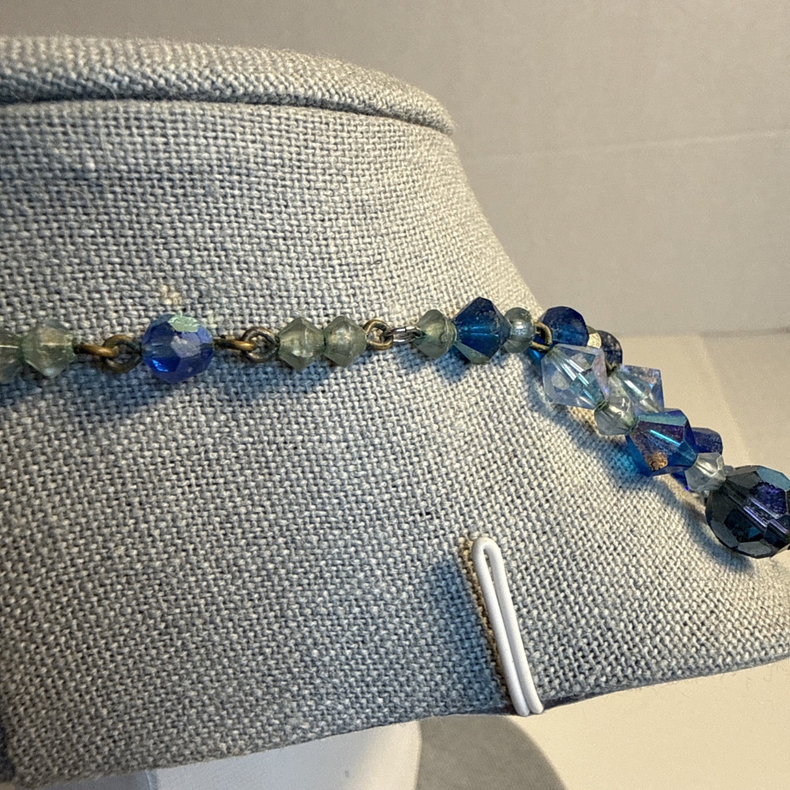 Vintage Blue Glass Or Crystal Borealis Choker Necklace Beautiful 15” 50s