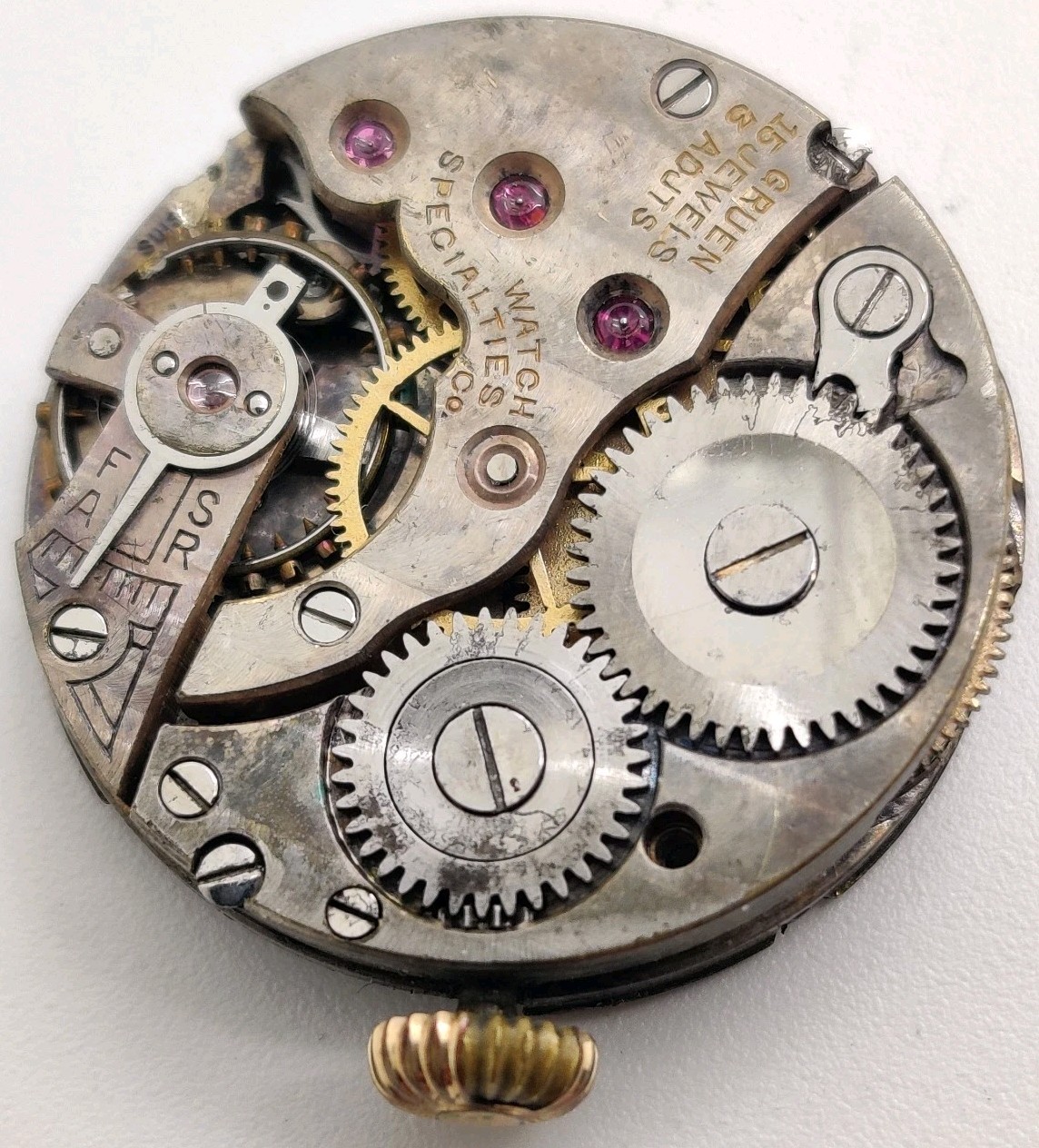Rare Gruen Watch Specialties Co. 15 jewel watch movement for repair