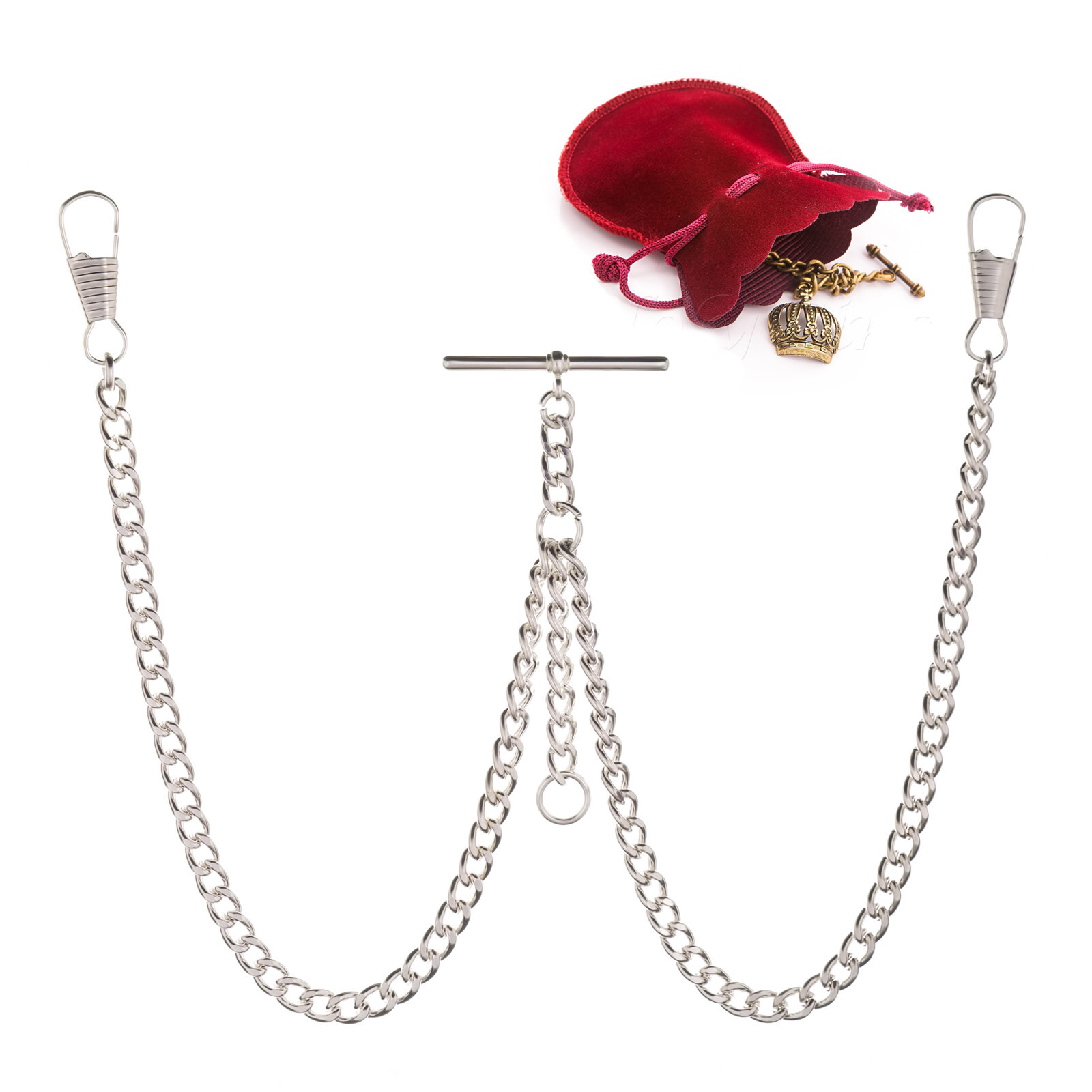 New Sterling Silver Color Double Albert Pocket Watch Chain