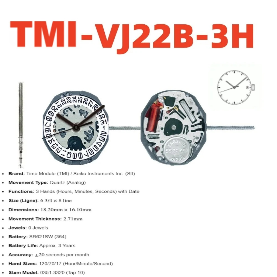 Genuine TMI Hattori VJ22 VJ22B Japan Quartz Watch Movement 3H Date Replacement