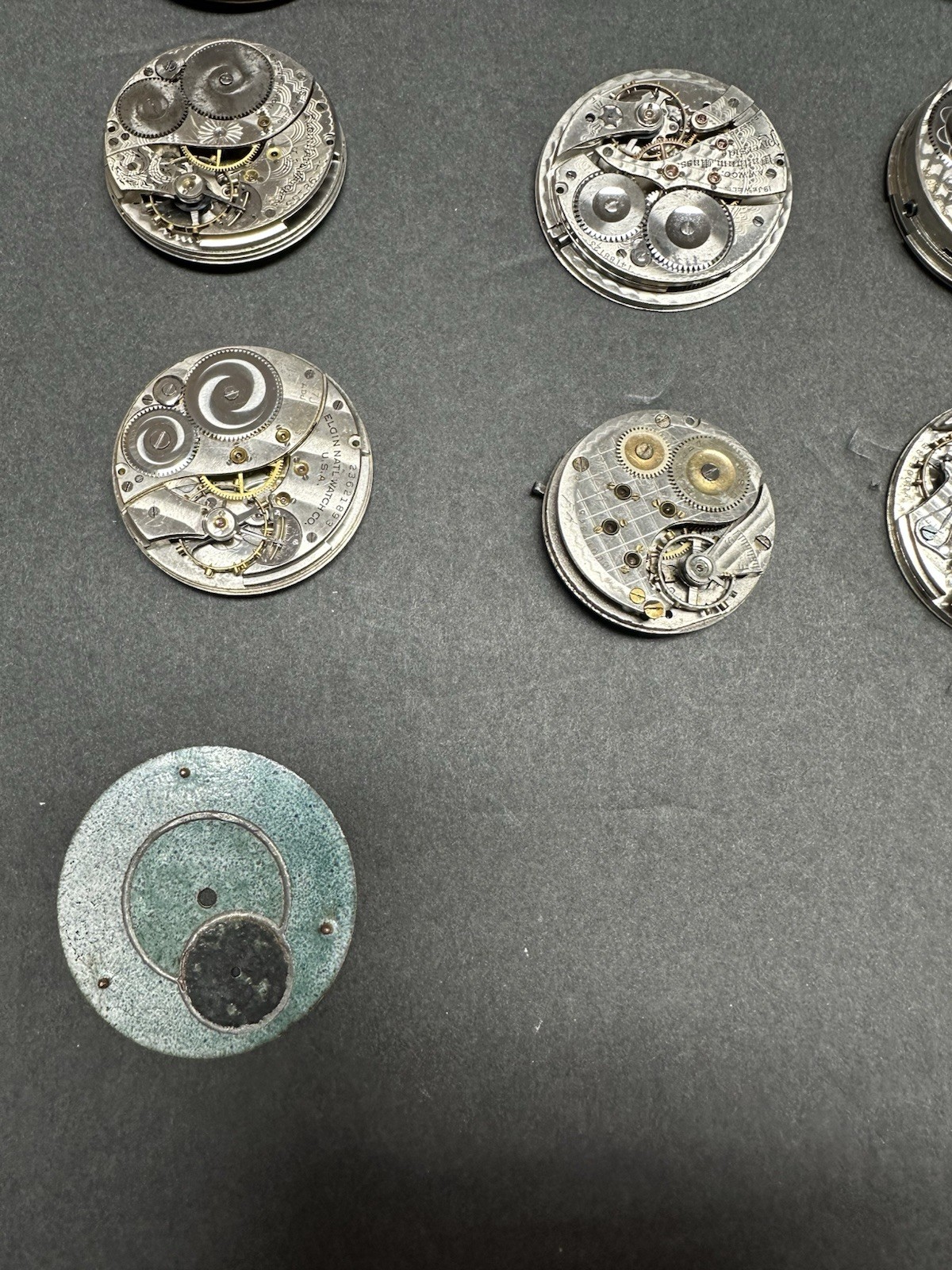 Lot of 11 Pocket Watch Movements Illinois Burlington Waltham Elgin + 2 Dials