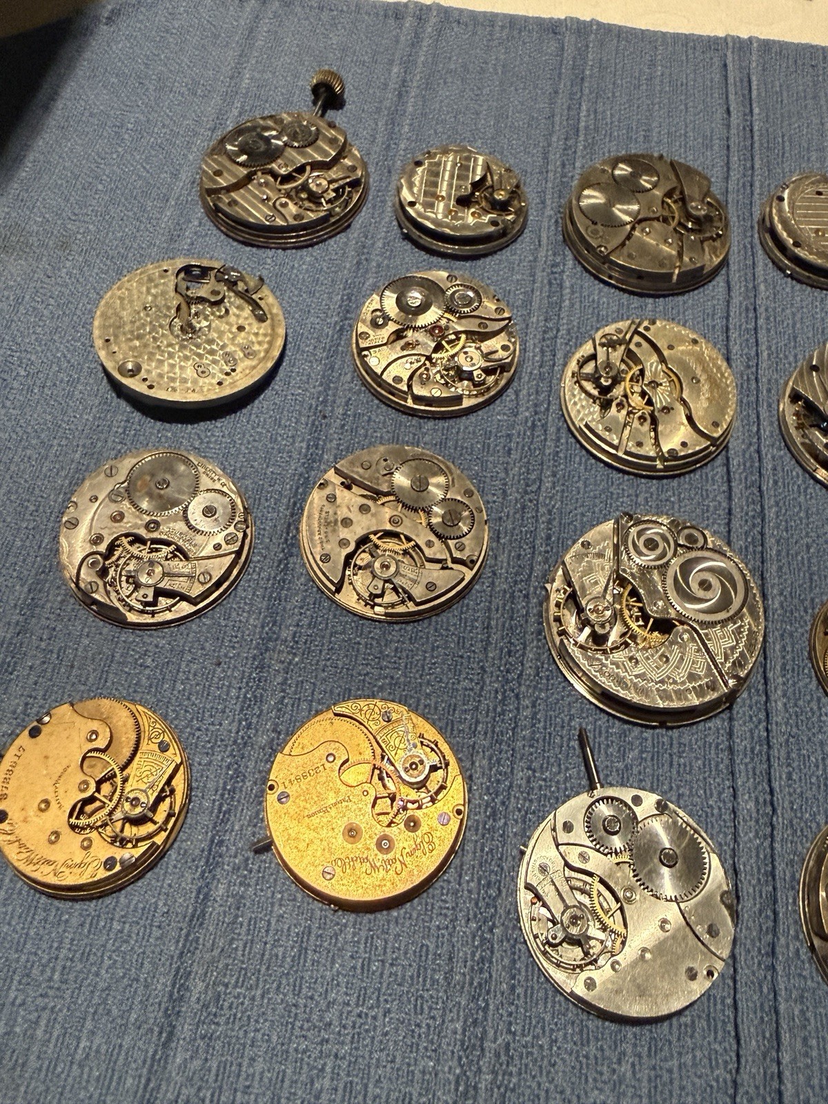 Lot of 15 Antique Pocket Watch Movements Elgin Hampden NY Standard Parts Repair