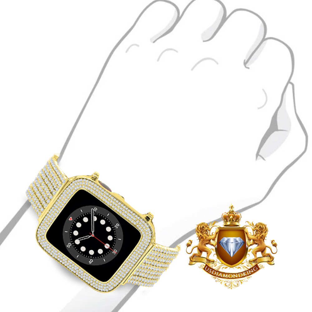 Gold Tone Apple Watch Custom Micro Pave Bezel & Band Combo Set 44mm Fit # 4,5,6