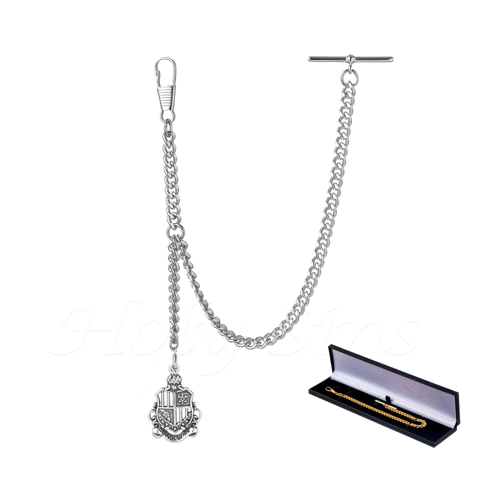 Silver Colour Single Albert Pocket Watch Chain With Shield Pendant 043-S