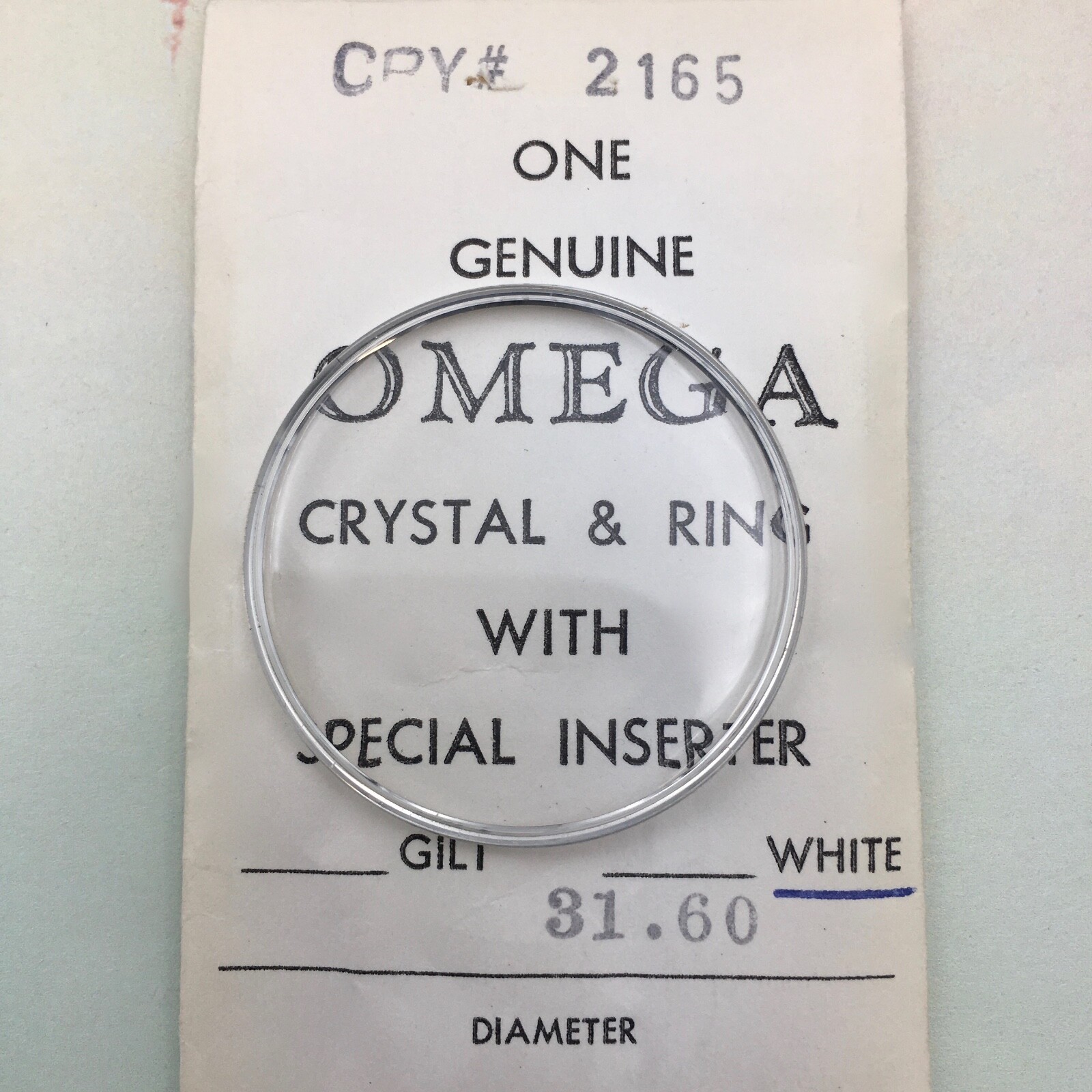 Genuine Vintage Omega Crystal # 2165 W/ Retainer Ring 31.60 mm. Open Package.