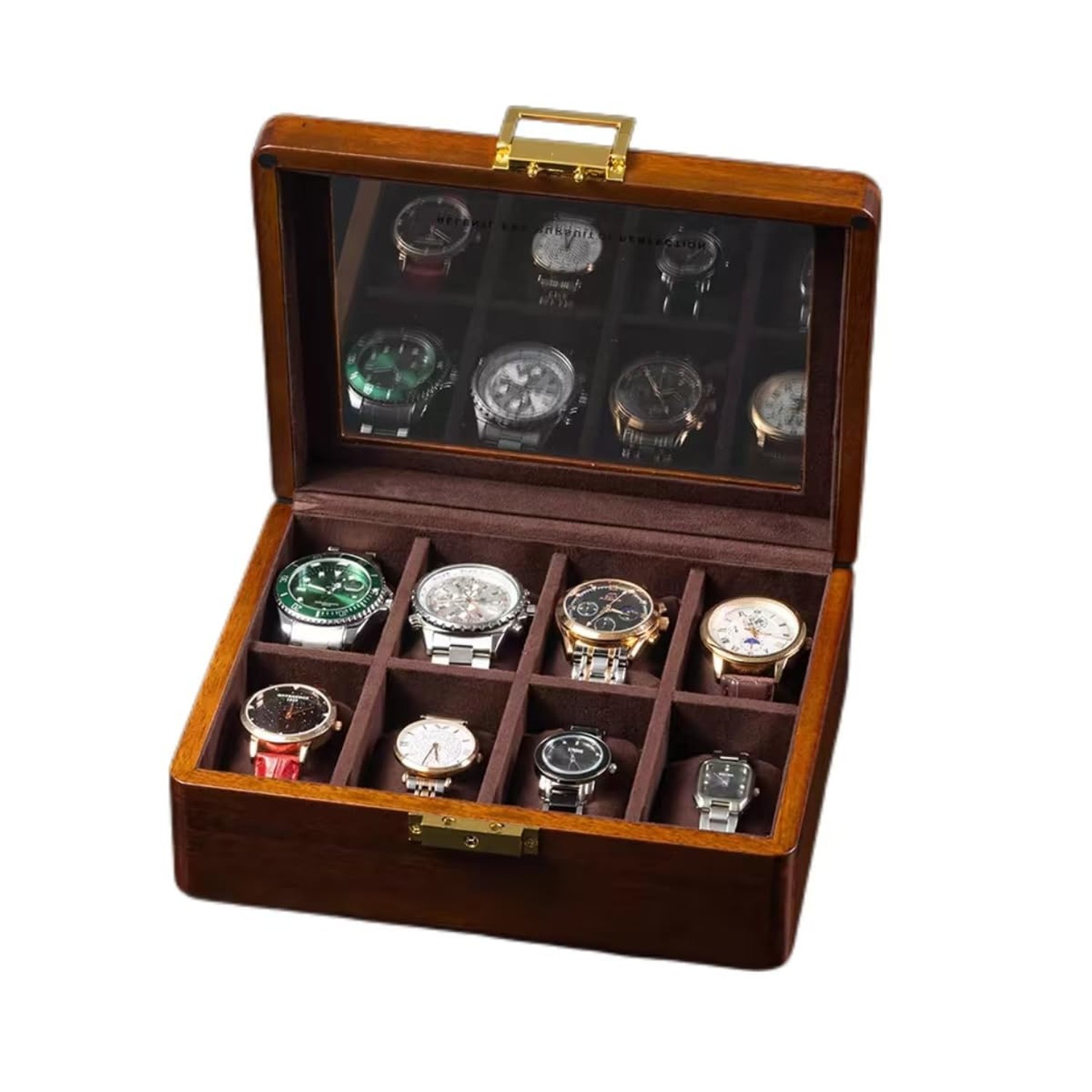 Bescott Solid Wood Watch Box 8 Slots With Glass Lid Walnut Collection Case Fo…