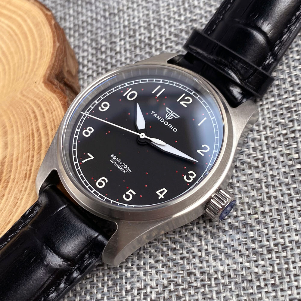 Tandorio 39mm Black Dial Pilot Watches 200M Waterproof Brushed Case Japa Men
