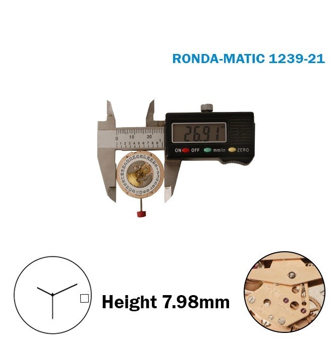 RONDA MATIC 1239-21 Swiss Automatic Movement, 3 Hands, H:7.98mm, White Disk at 3