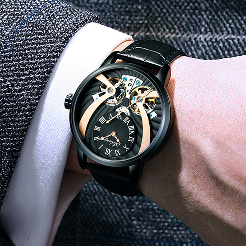 AILANG Men’s Watch Hollow Dual Tourbillon Automatic Mechanical Wristwatches Gift