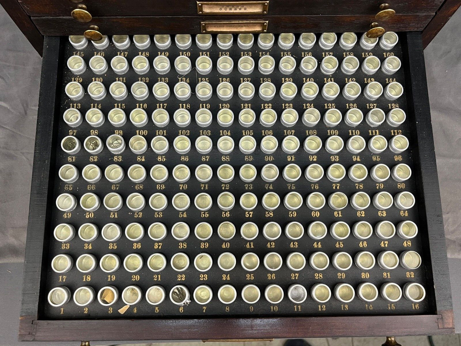 Antique Marco Table Top Mahogony Watch Case 10 Drawers and 1600 Slots + Parts