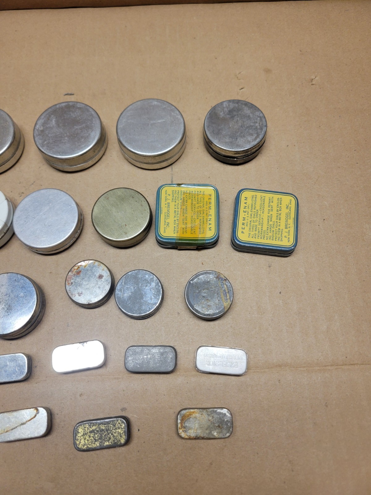 28 Watchmaker Tins for Parts or Movements Complete with Lids Signed Wide LT5