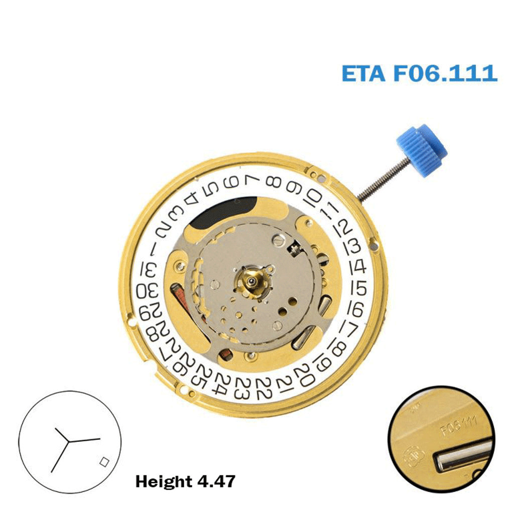ETA F06.111 Swiss Watch Movement , White Date Disk at 4, Height 3 (4.48).