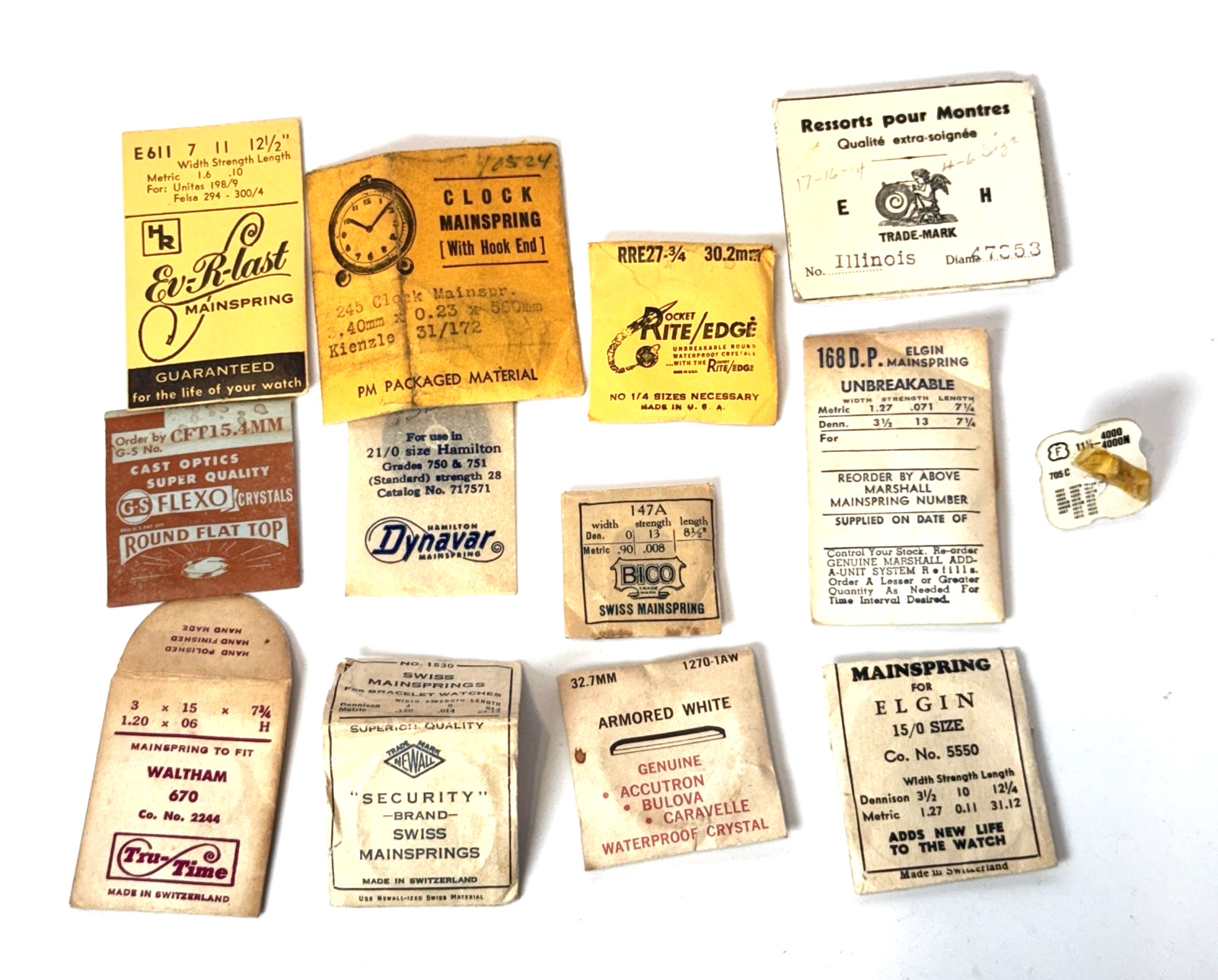 Vintage LOT Watch Parts Mainspring Crystals ELGIN ILLINOIS HAMILTON WALTHAM
