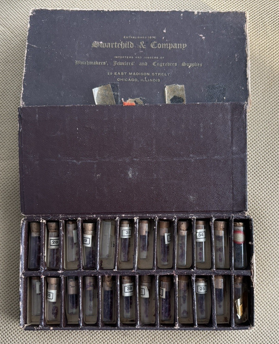 ANTIQUE SWARTCHILD & CO. WATCHMAKERS REPAIR JEWELS WITH 24 VIALS & BOX