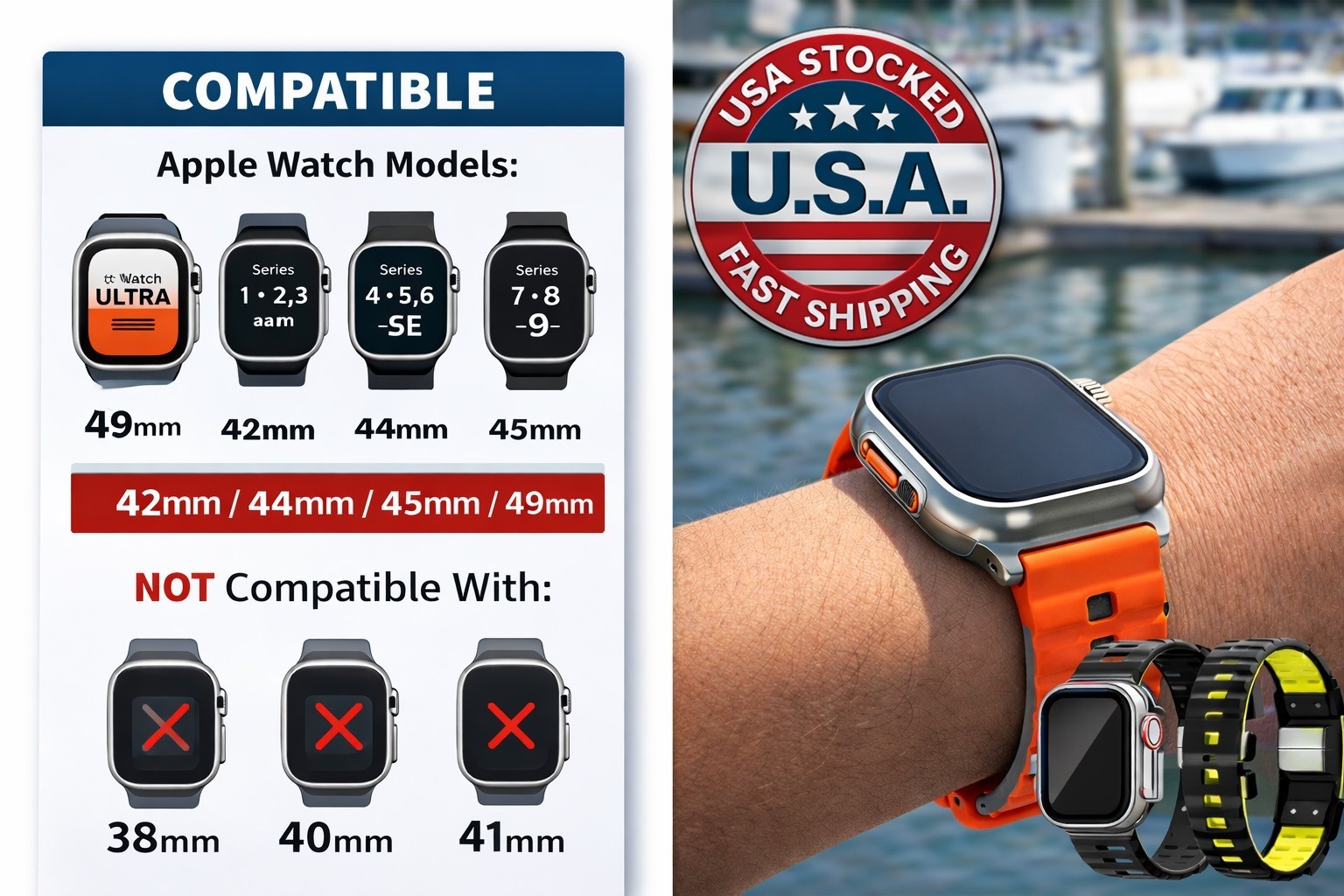 MoKo Ocean Style Bands 42 44 45 49mm 3Pk Silicone Sport Compatible
