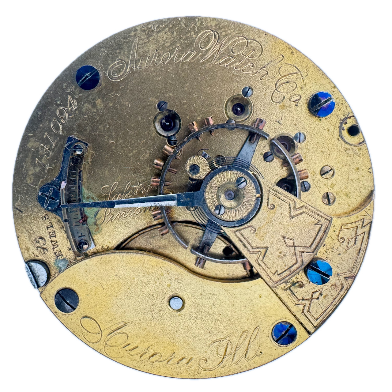 Antique 18s A&E Meyer St Charles Mo Aurora Hunter Pocket Watch Movement 395 Gilt