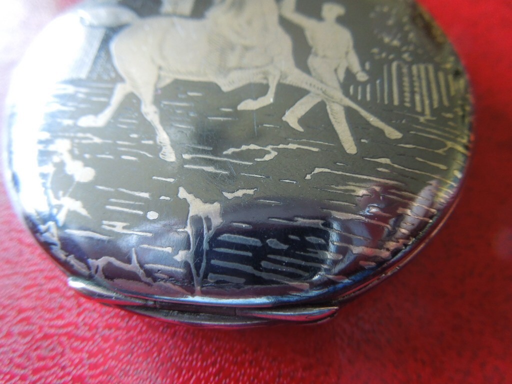 J4939 POCKET WATCH MOVADO NIELLO HORSES FULL HUNTER HUGUENIN FR. SEE DESCR