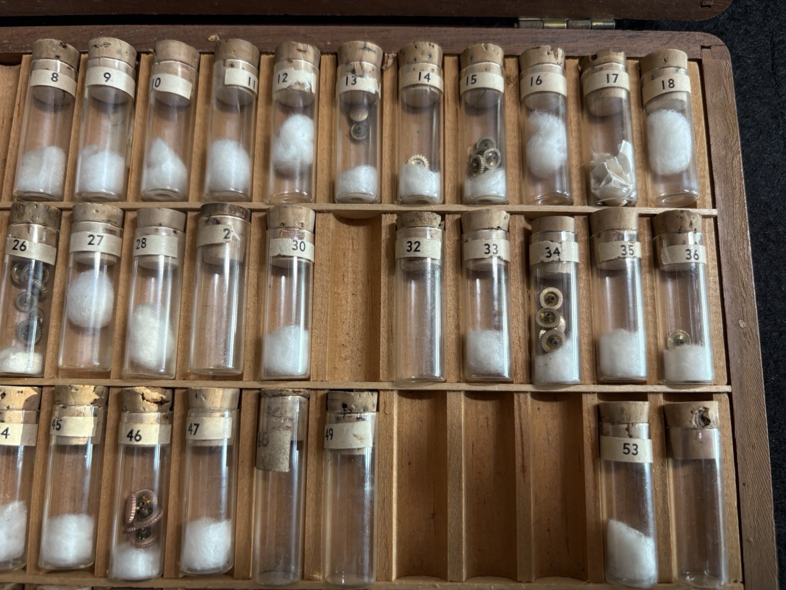 Vintage Newall Watchmaker Crown Asst Cabinet Original Glass Vial Watch Parts Lot