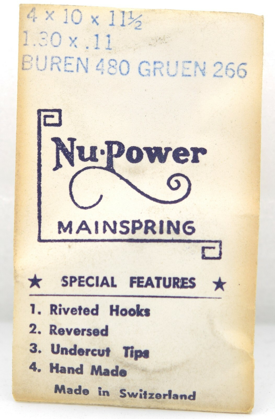 Nu Power Swiss Watch Mainspring 4 x 10 x 11.5 For Buren 480 and Gruen 266