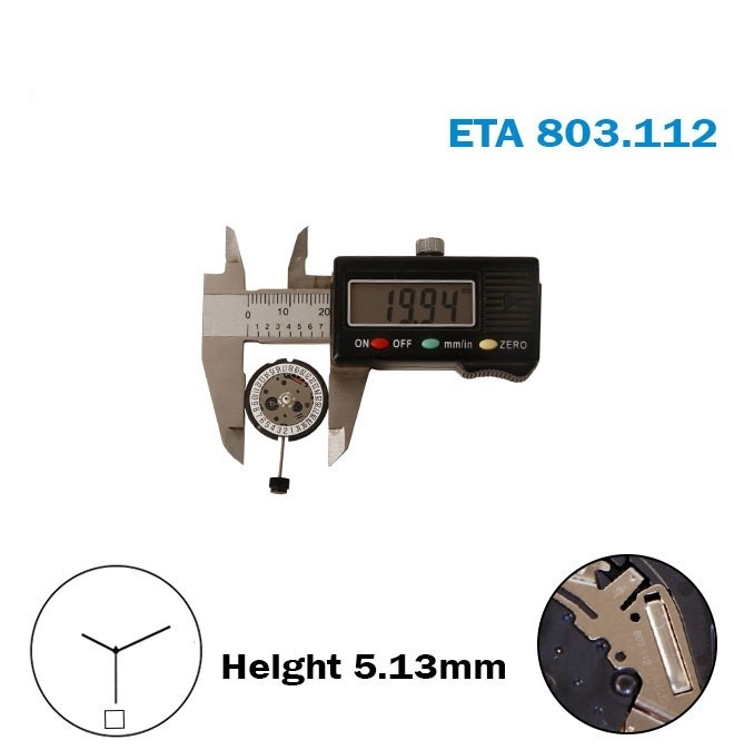 ETA 803.112 Swiss Quartz Movement, 3 Hands, H:5.13mm, White Date Disk 6