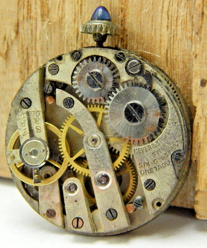 Vintage Meyer & Studeli 6 jewel 1 adjustment 0s watch movement with dial & crown