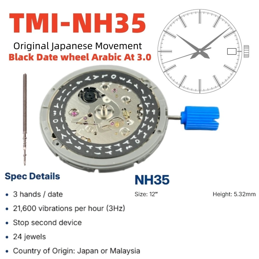 Genuine Seiko NH35 NH35A Automatic Watch Movement Arabic Date at 3 White/Black