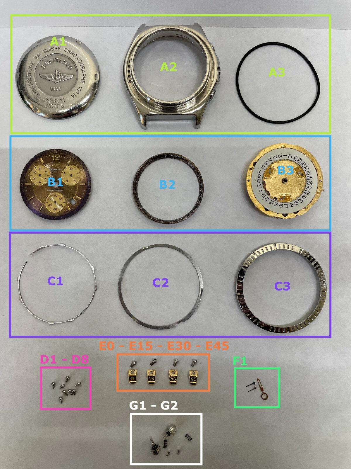 Breitling 38mm B53011 parts case movement pusher bezel screw 18k gold rider tab