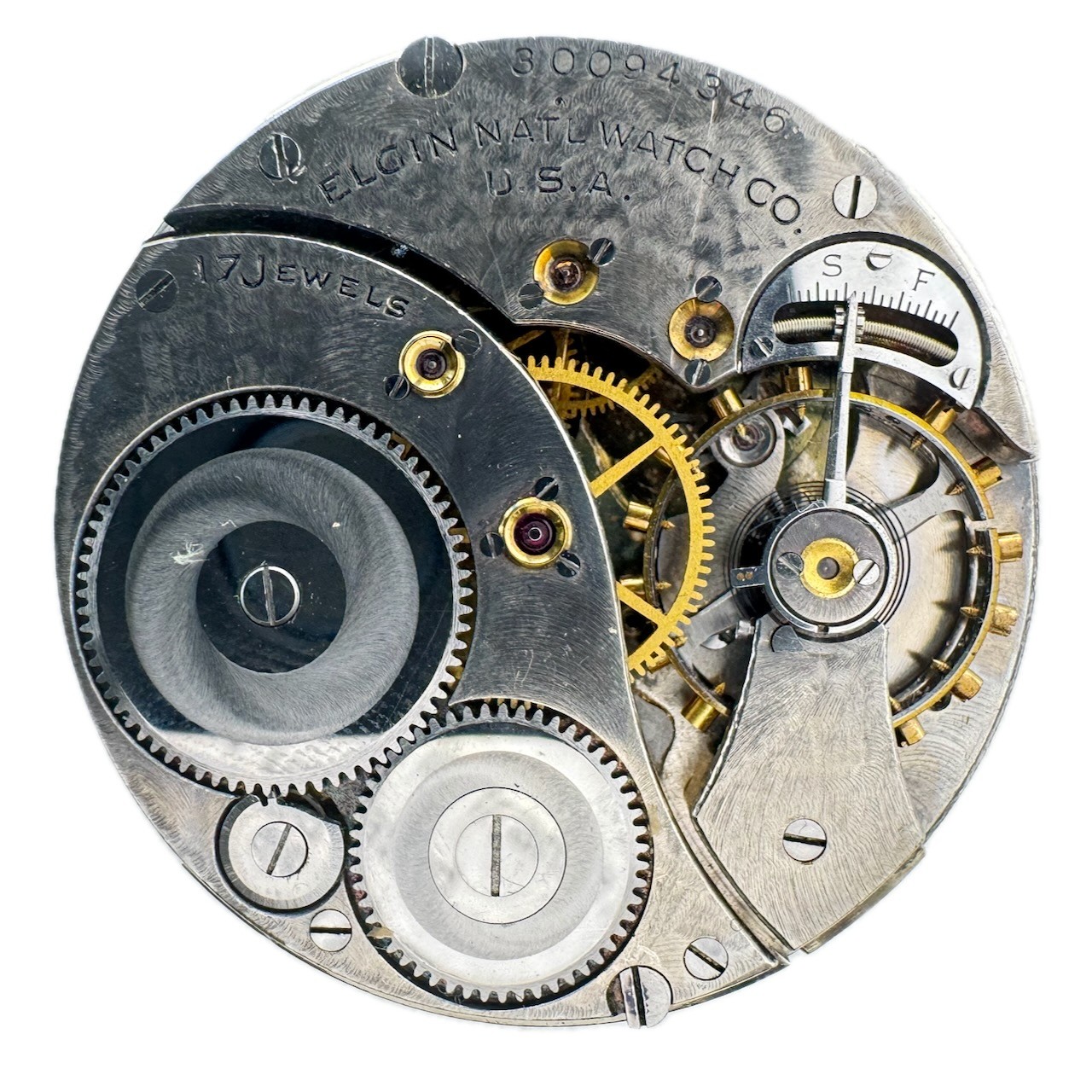 Antique 12s Elgin Metallic Center Speckled Dial 17J Pocket Watch Movement 345