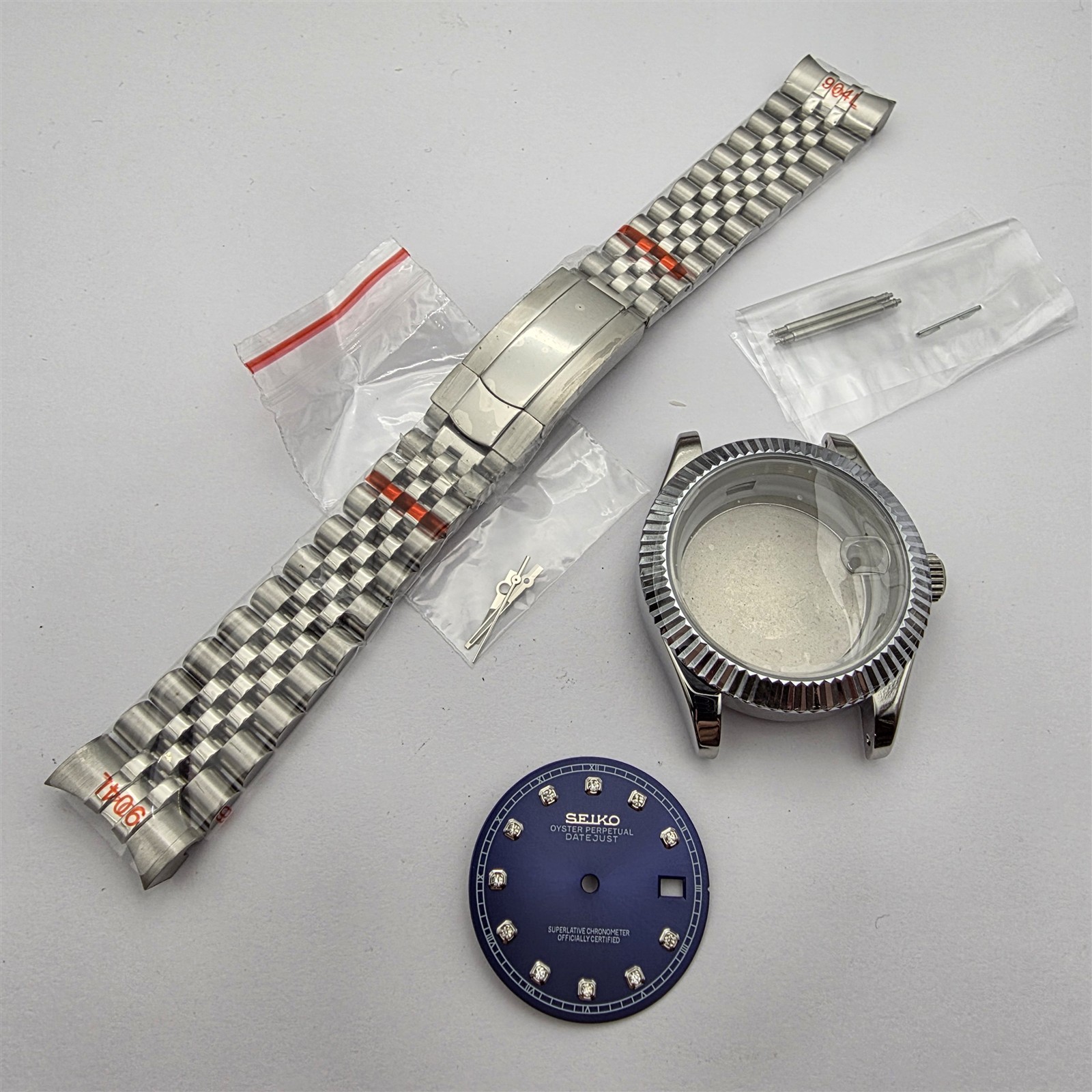 NEW AF SEIKO LEX DATE JUST BLUE SS KIT CASE BEZEL GLASS STRAP DIAL CROWN