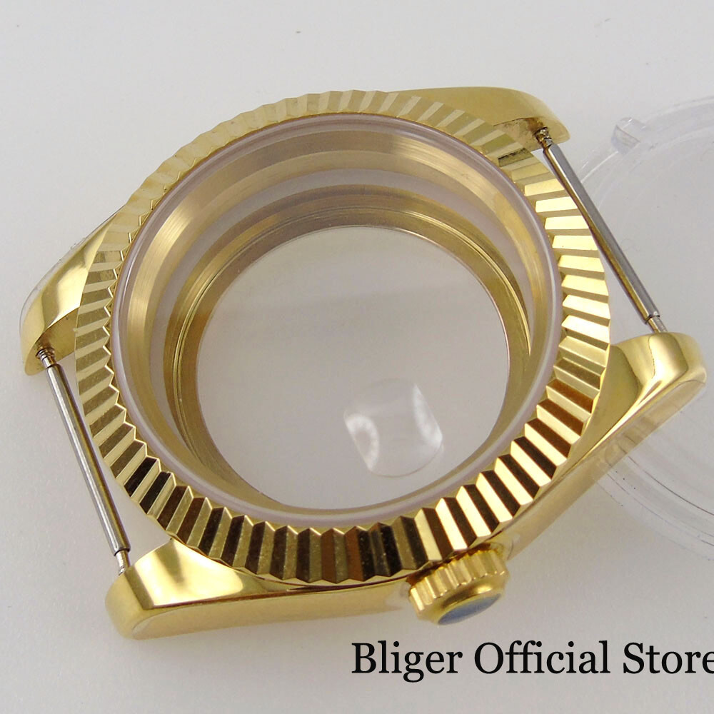 39mm Watch Case fit NH35A ETA MIYOTA Yellow Gold Coated Polish/Fluted Bezel