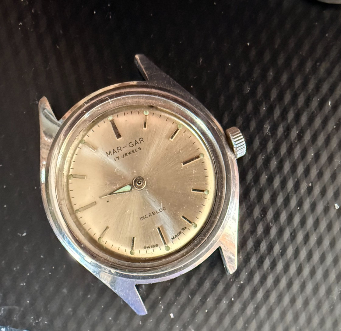 RARE VTG 1950’s Men’s MAR-GAR Kaltron Silver Watch Dial Movement Case 17J Silver