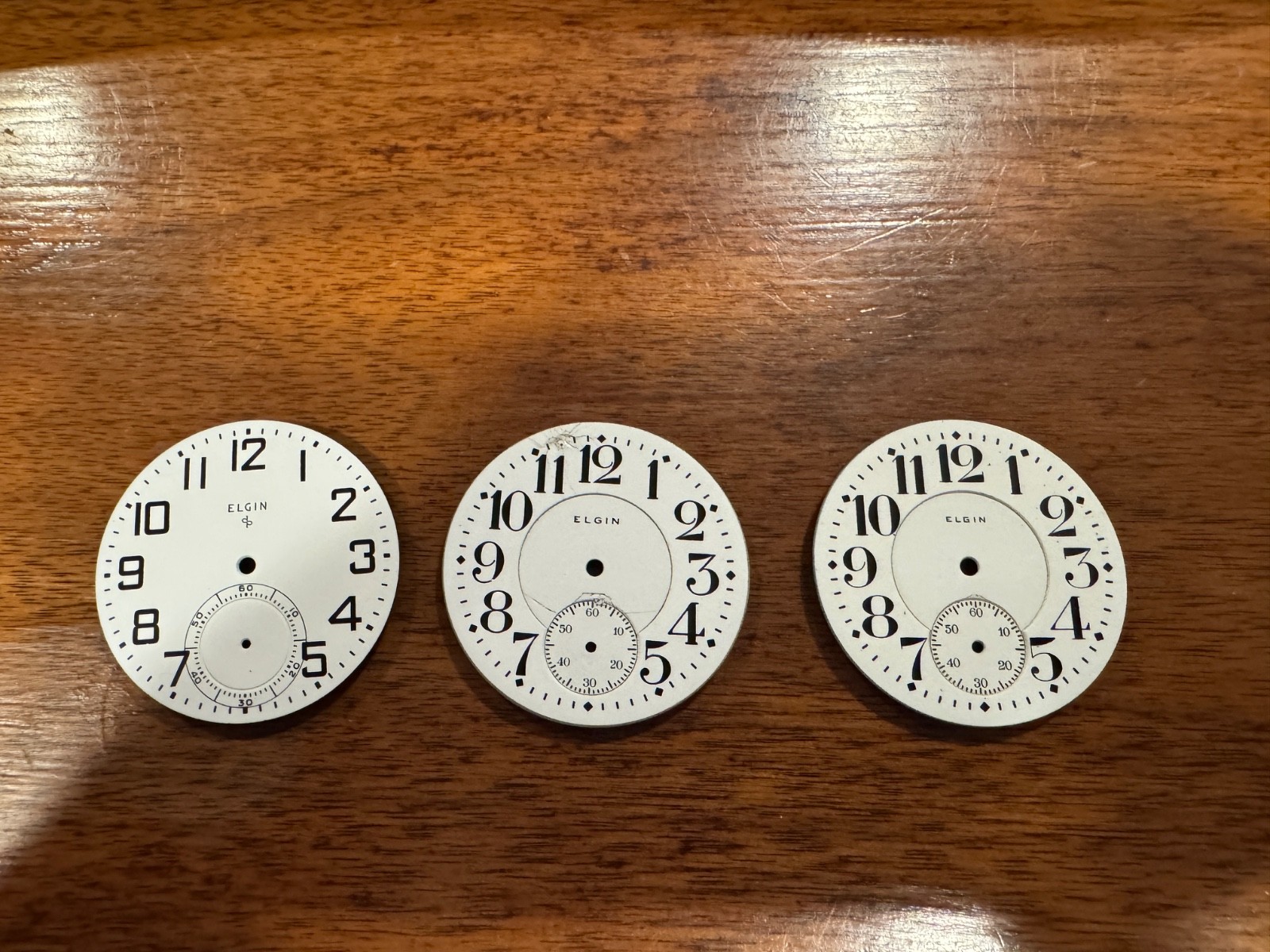3 RAILROAD 16 SIZE ELGIN DIALS, FATHER TIME DOUBLE SUNK POCKET WATCH PORCELAIN