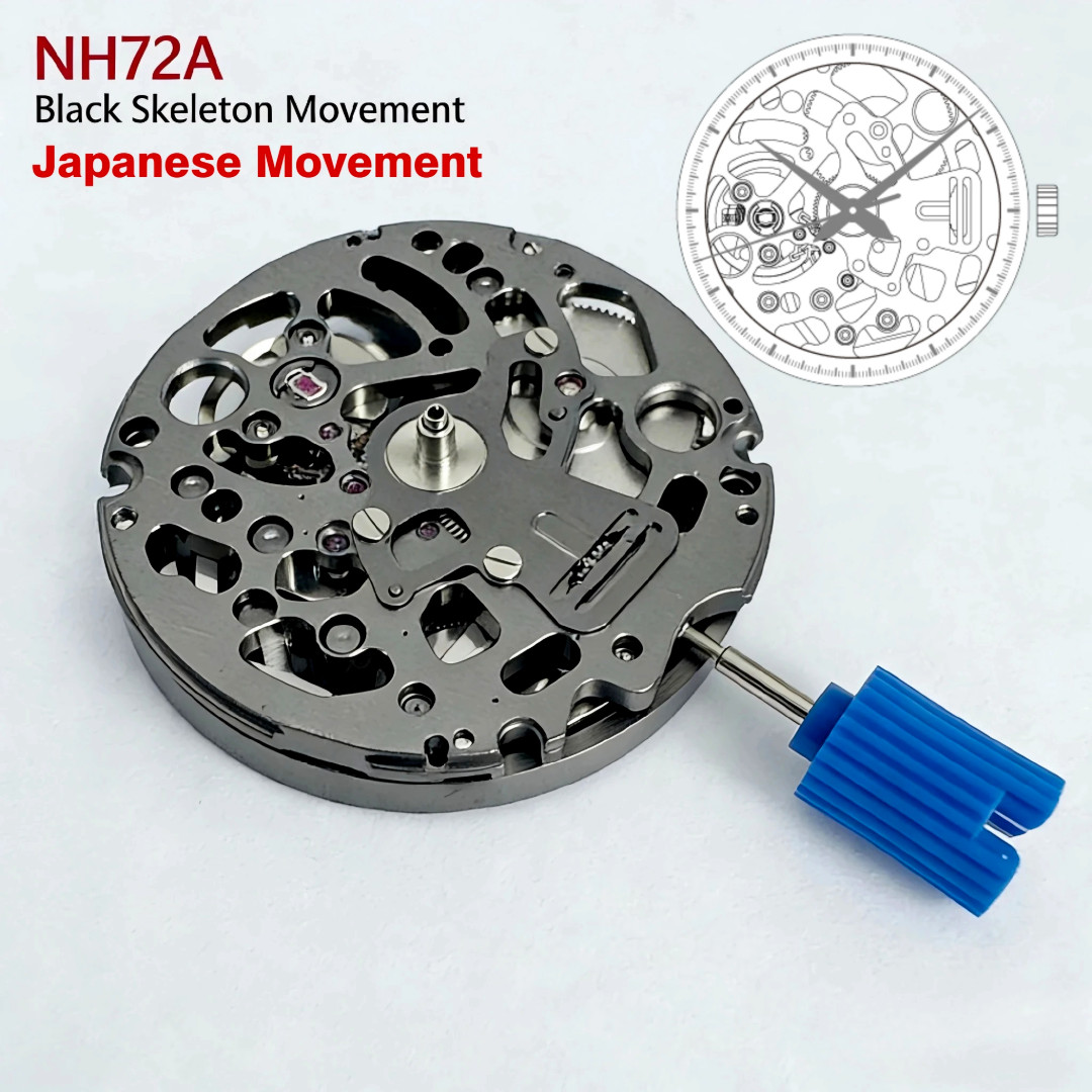 Genuine Seiko NH72A Black Skeleton Automatic Watch Movement 24J NH72 Japan +Stem