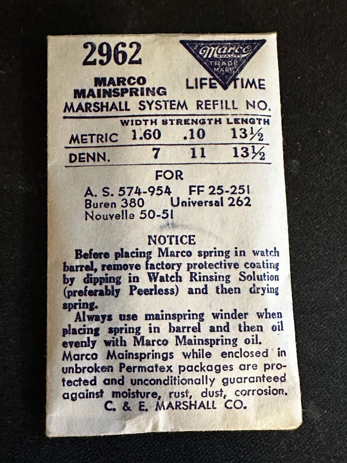 Marco Mainspring #2962 for Universal 262, Buren 380, Font 25, 251, AS 574, 954 –