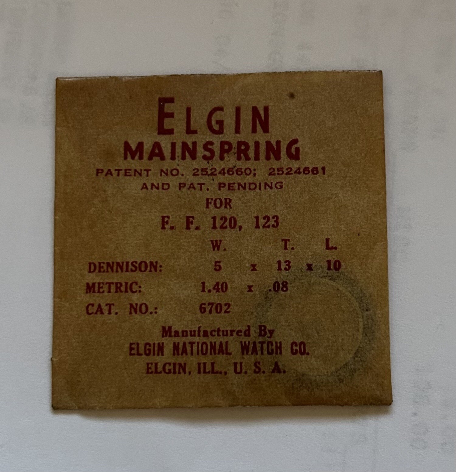 NOS Elgin Mainspring FF 120,123, Den. 5x13x10, Met 1.4x.08, Cat #6702
