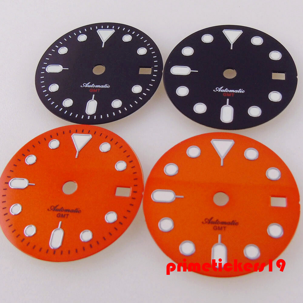 Fit NH34 GMT Movt 29mm Sterile Watch Dial Black Orange Face Date Hands Luminous