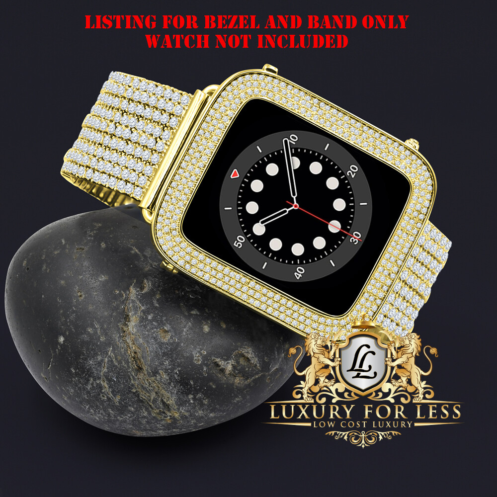 Micro Pave 14K Gold Tone Apple Watch Custom Bezel + Band Combo 44mm Fit # 4,5,6